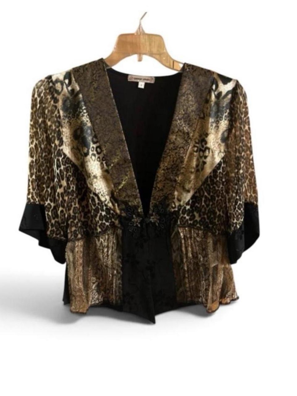 Vintage Spencer Alexis black & gold lamé leopard print kimono blouse S Y2K Glam